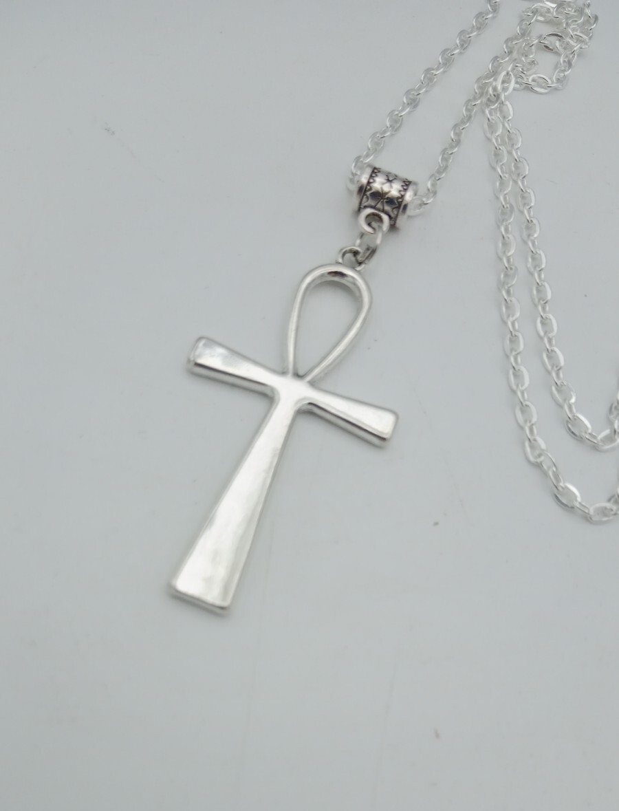 Ankh Necklace Large Key of Life CROSS Pendant Big Goth Rock Vintage silver tone