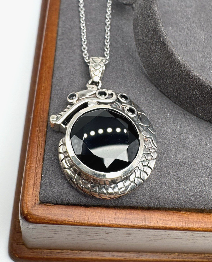 925 Sterling Silver Dragon Pendant Necklace 15mm Thai Black Spinel steel chain