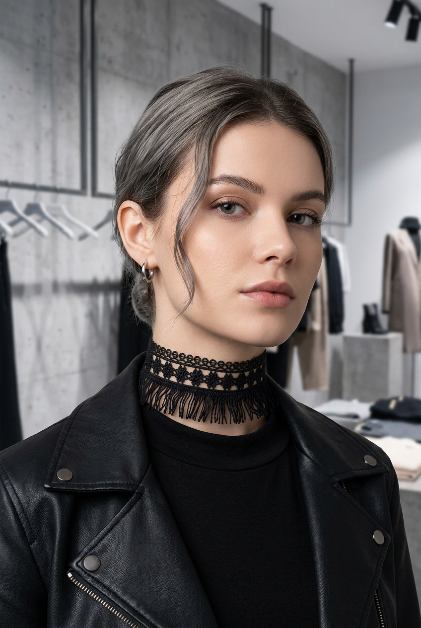 Women Tassel Strand Fringes Cool Style Fashion Black Fabric Choker Necklace