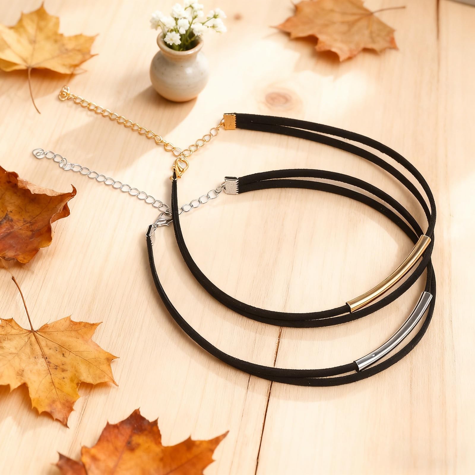 Xosjska 2 PCS Velvet Choker Necklace, Double Layer Medium, black,gold,silver