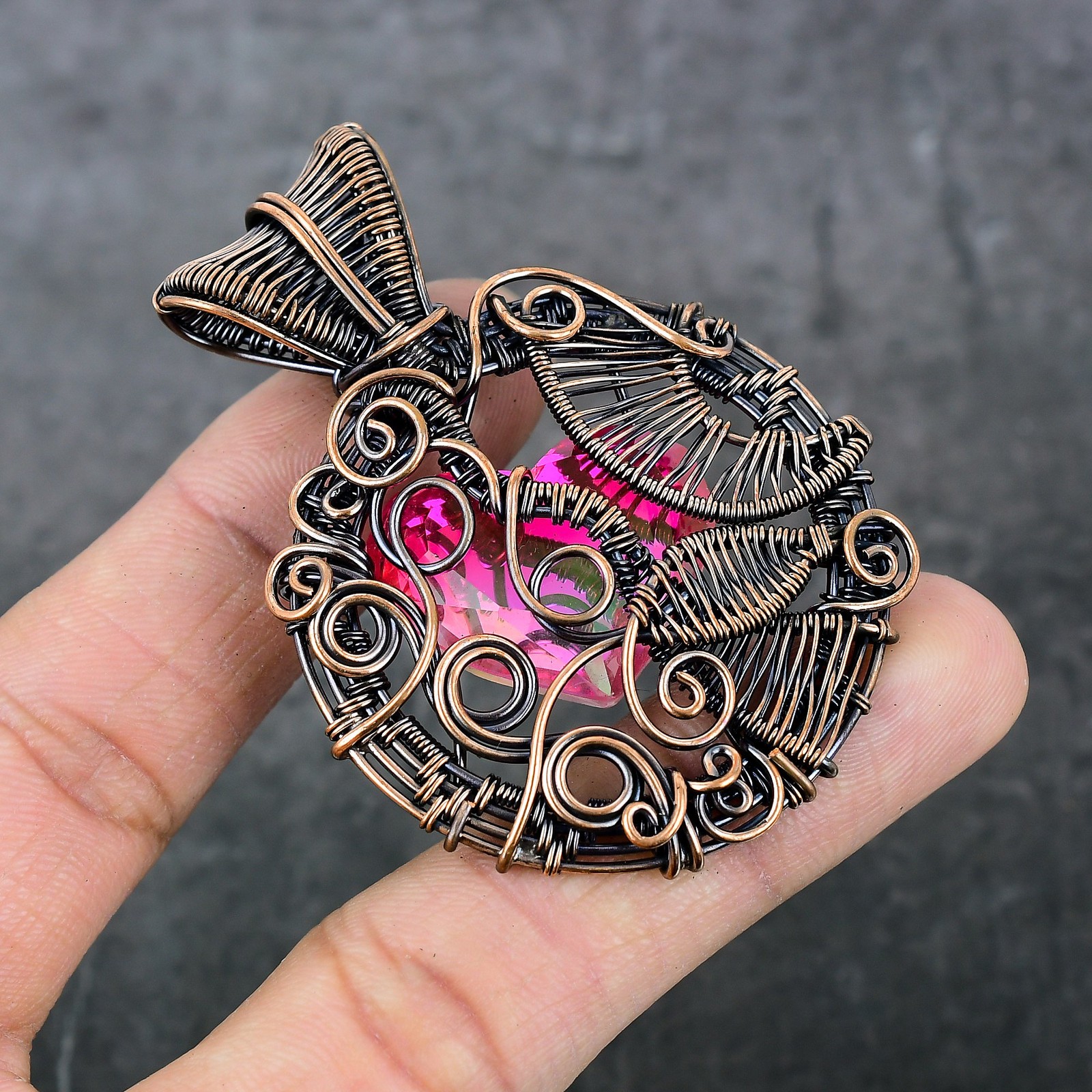 Bi-Color Tourmaline Gemstone Copper Wire Wrap Jewelry Pendant 2.60″ C853