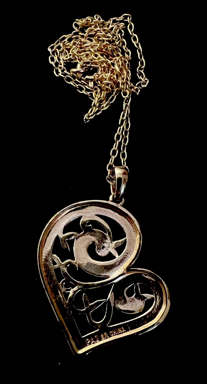 Signed PAJ BR China Goldtone Necklace 20” W/Heart Type Scroll Pendant