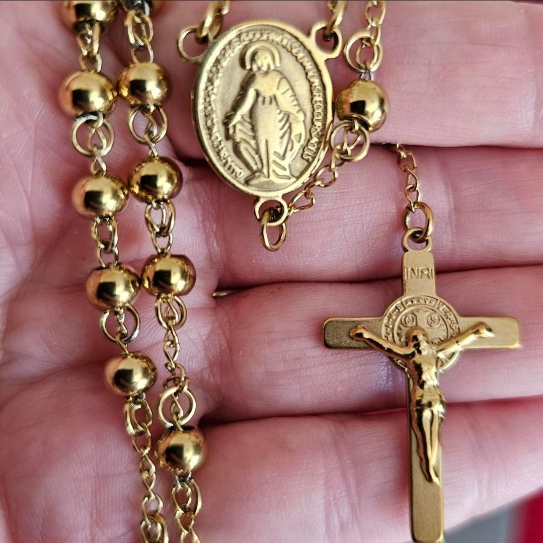 Gold Tone Stainless Steel Rosary Necklace Virgin Mary Crucifix Cross 60cm