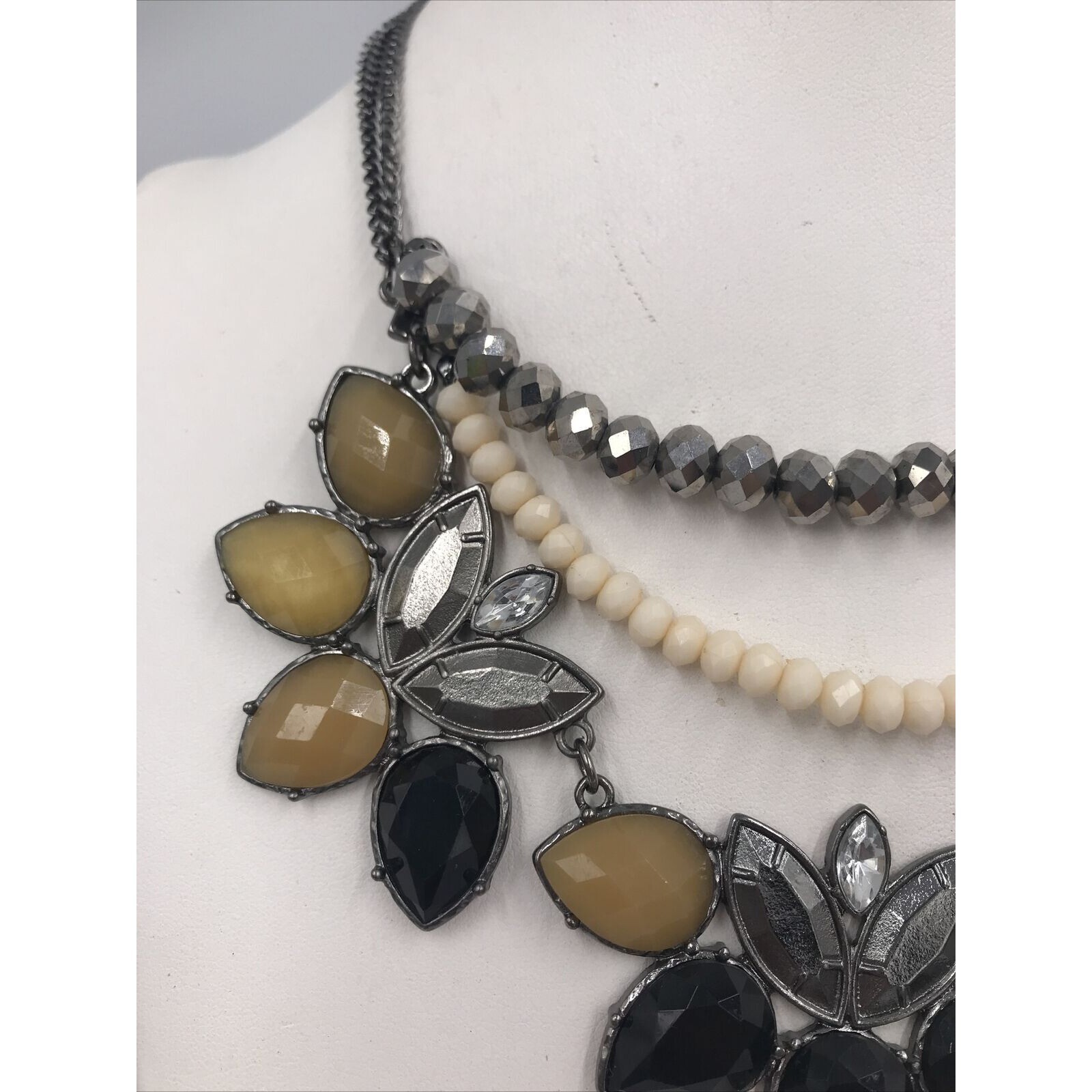 Gun Metal tone Black/Grey Cream Rhinestone Necklace 18″ Statement layer strands