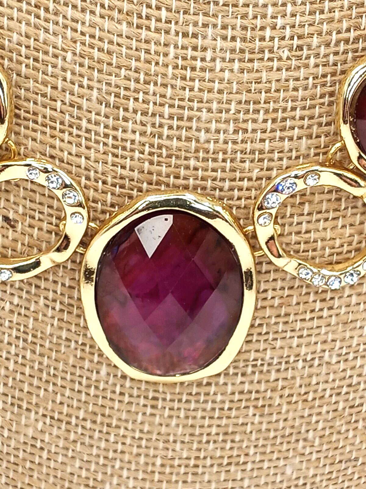 Purple Faceted Acrylic Gem and Colorless Rhinestone in Gold Tone Necklace Marked