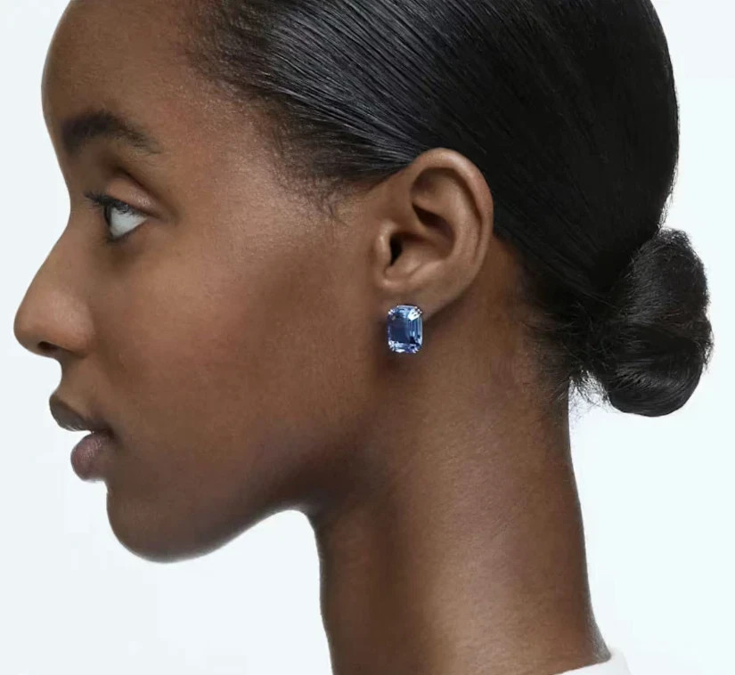 Swarovski Millenia stud earrings, Octagon, Blue, Rhodium Finish 5614935 DISPLAY