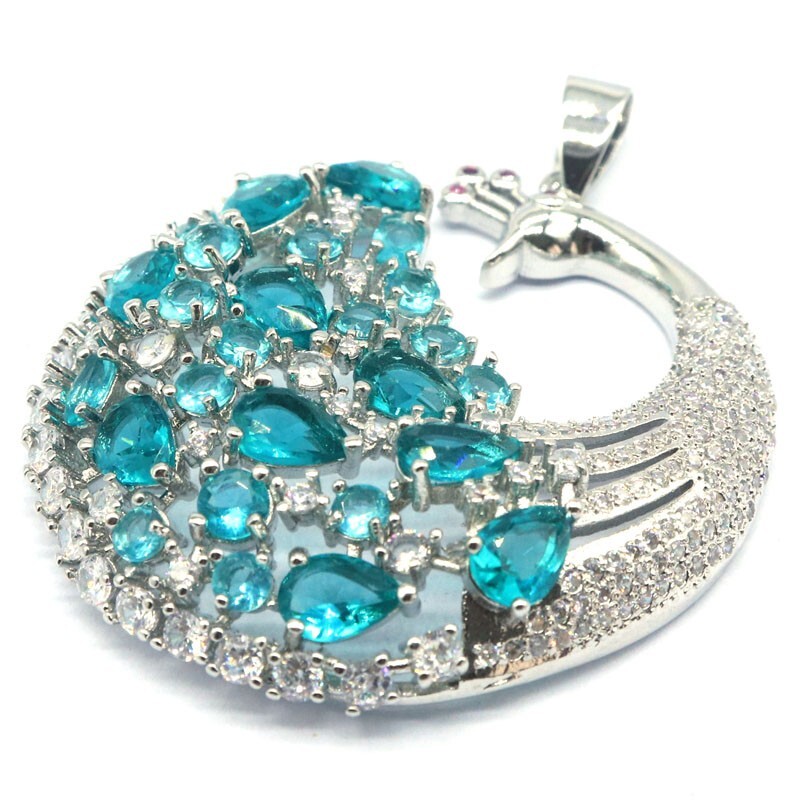 Multi Color Peacock Big Tourmaline Citrine Blue Topaz Kunzite CZ Silver Pendant