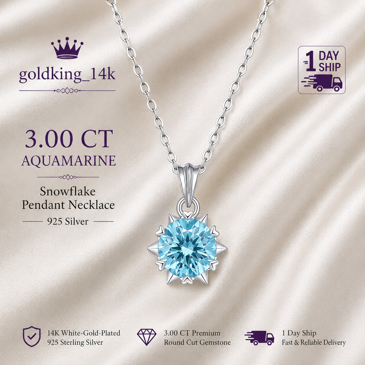 3 Ct Round Cut Aquamarine Snowflake Pendant Necklace Women 14K White Gold Plated