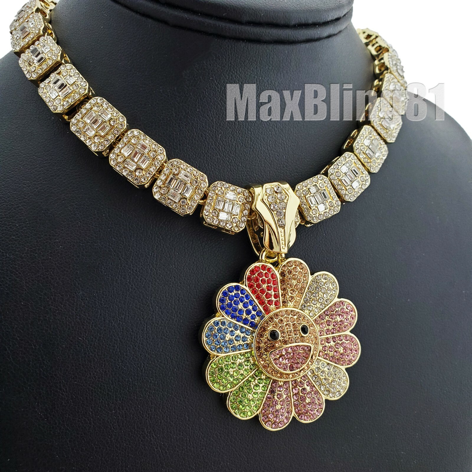 Hip Hop Icy Gold Plated Sunflower Pendant & 16″ 18″ Iced Baguette Chain Necklace