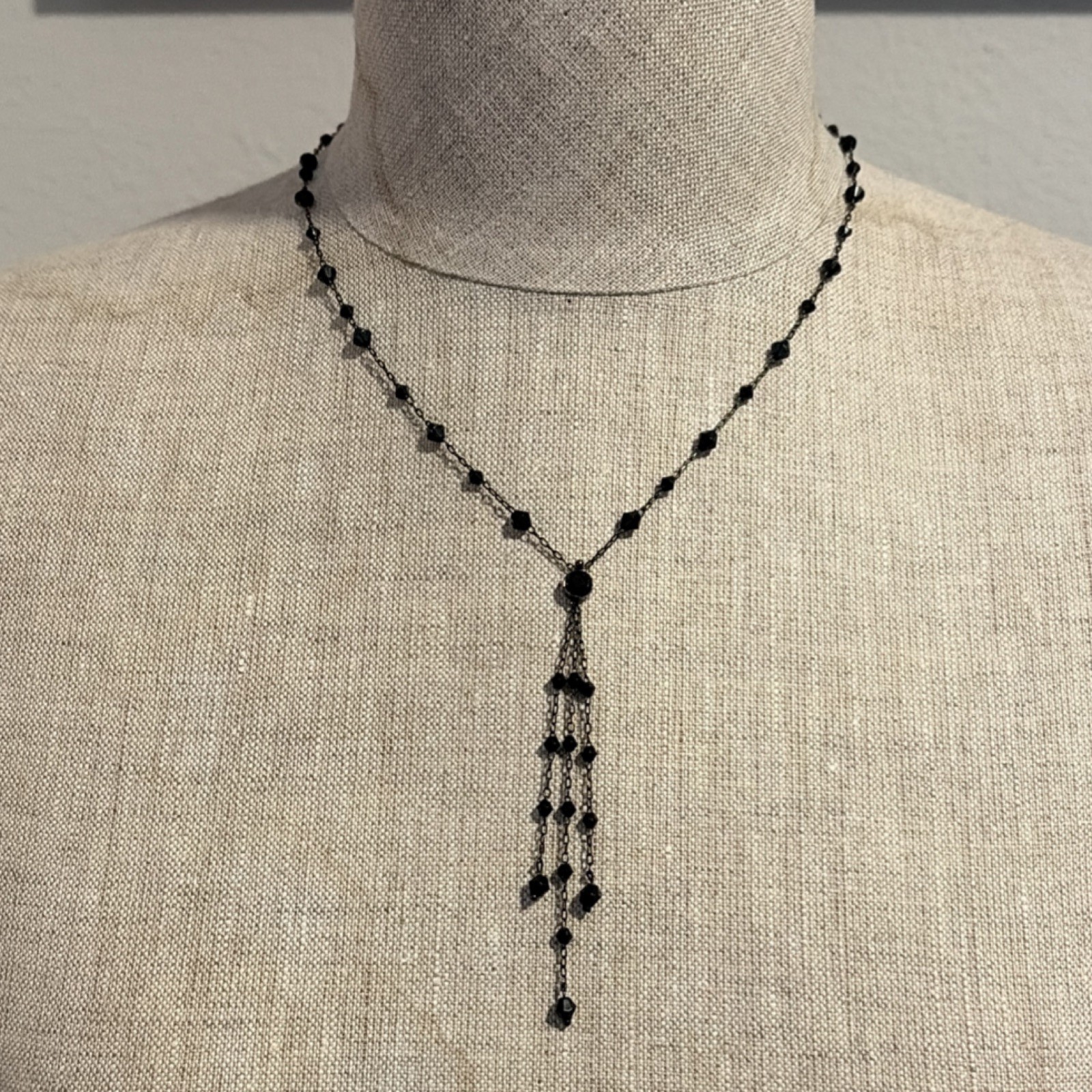 1928 Black Beaded Y-Drop Vintage Necklace Pendant 19in Signed Stone Undated Era