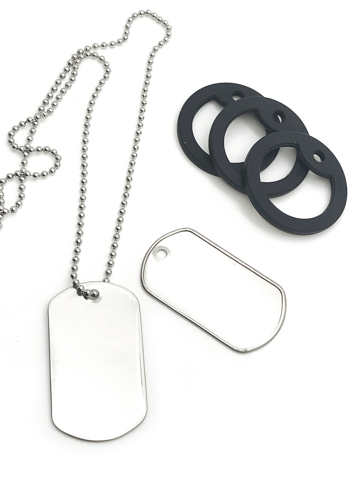 PACK 50 STAINLESS STEEL DOG TAGS, 24″ BALL CHAIN NECKLACES, SILENCERS REPAIR KIT