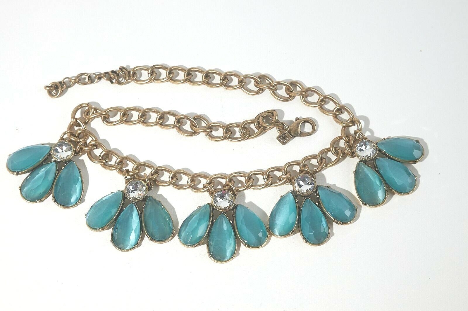 Banana Republic Antique Goldtone Necklace Blue Glass Petals +Rhinestones 16″+2″L