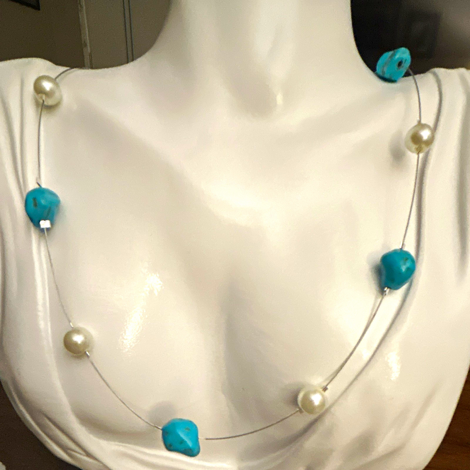 Faux Pearl & Blue Turquoise Beaded Station Wire Necklace Floral Toggle Clasp