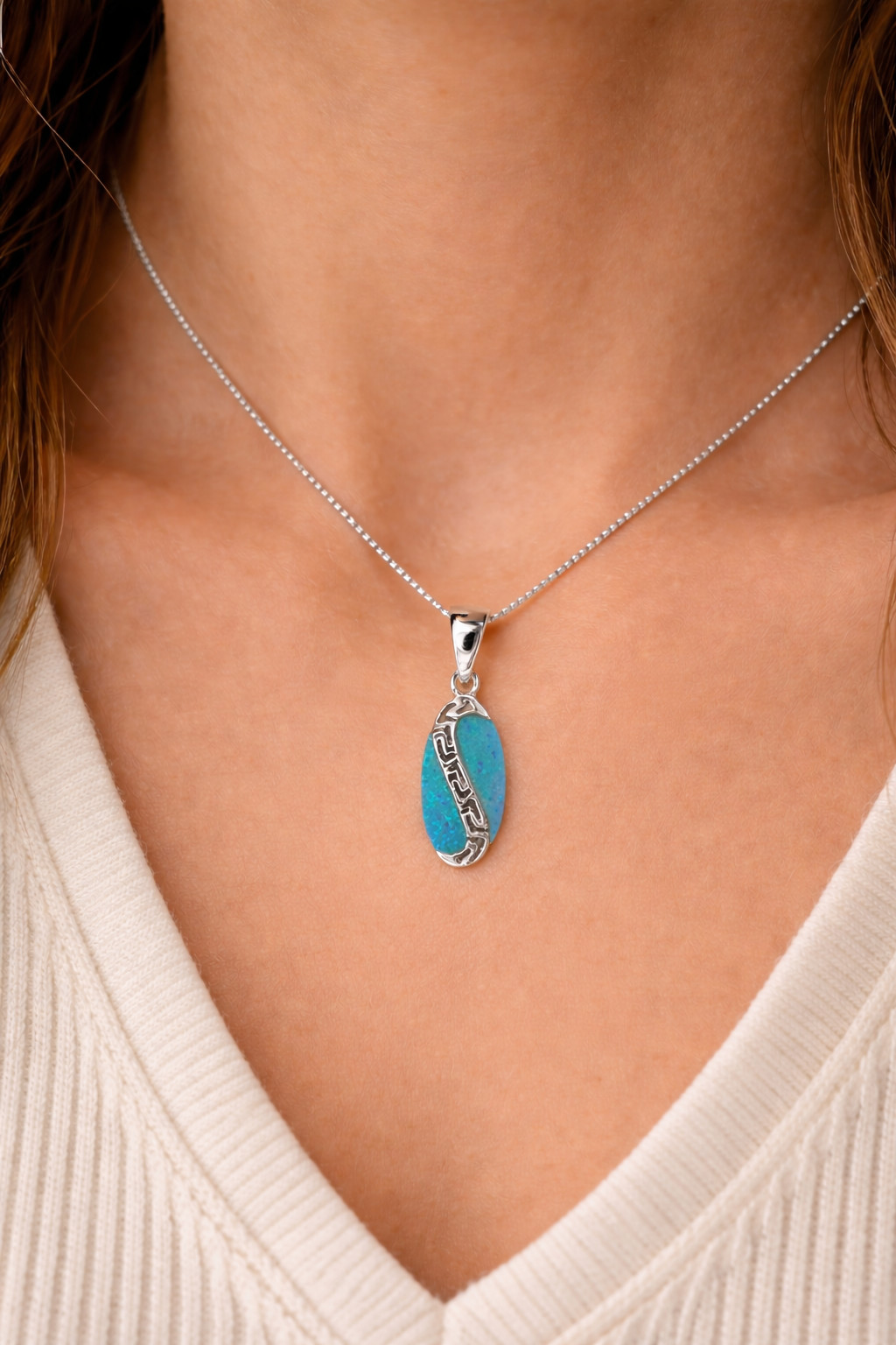 Sterling Silver Blue Fire Opal Surfboard Wave Pendant 925 Hawaiian Style Inlay