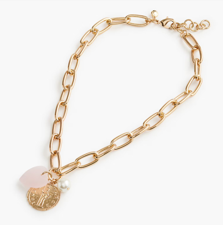J.CREW Puffy Heart Pearl Coin Charms Gold Necklace, Retails $49.50 NWT!