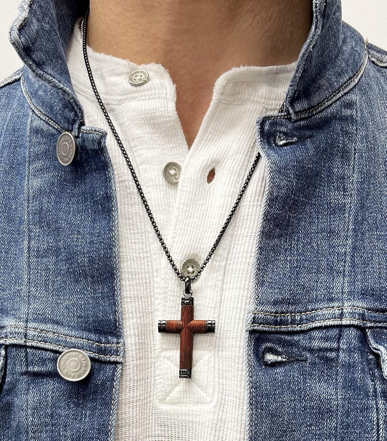Men’s Black Stainless Steel Cross Pendant Necklace with Santos Wood Inlay | 24″