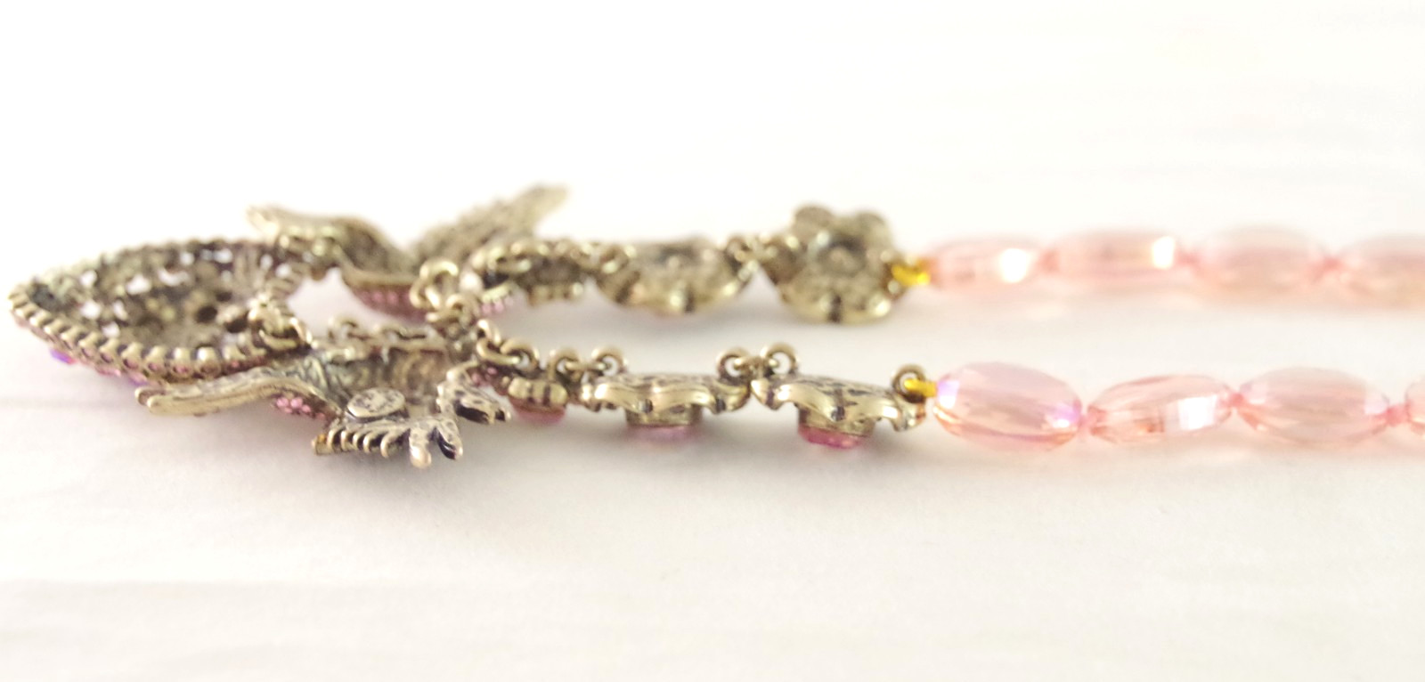 DESIGNER STYLE PINK AB CRYSTAL RHINESTONE LOVE BIRDS VALENTINE HEART NECKLACE