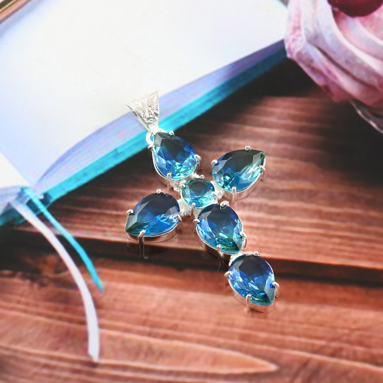 Bi Color Quartz Gemstone Silver Plated Handmade Cross Pendent Jewelry 2″