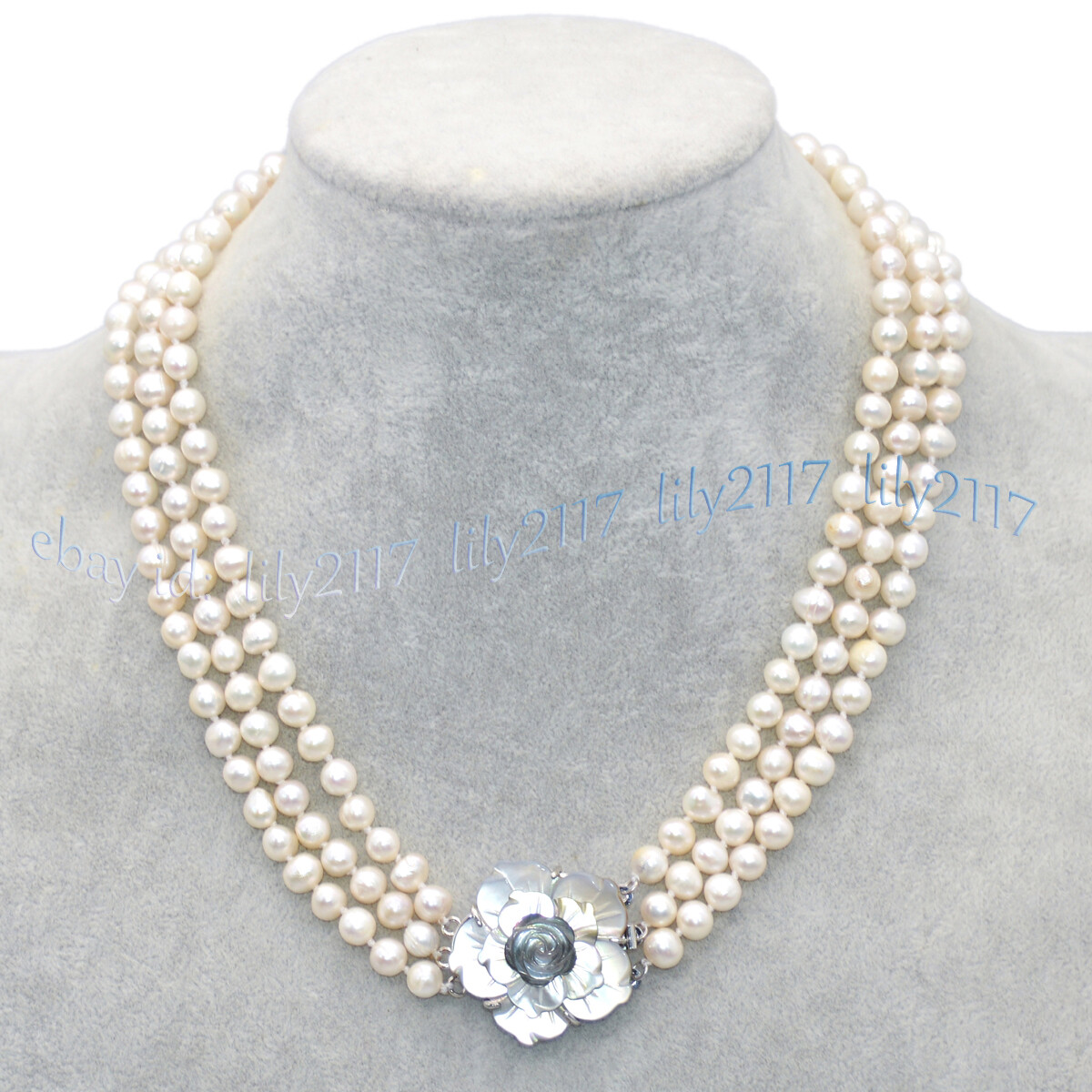 3Rows Natural 6-7mm Akoya Freshwater Cultured White Pearl Beads Necklace 17-19”