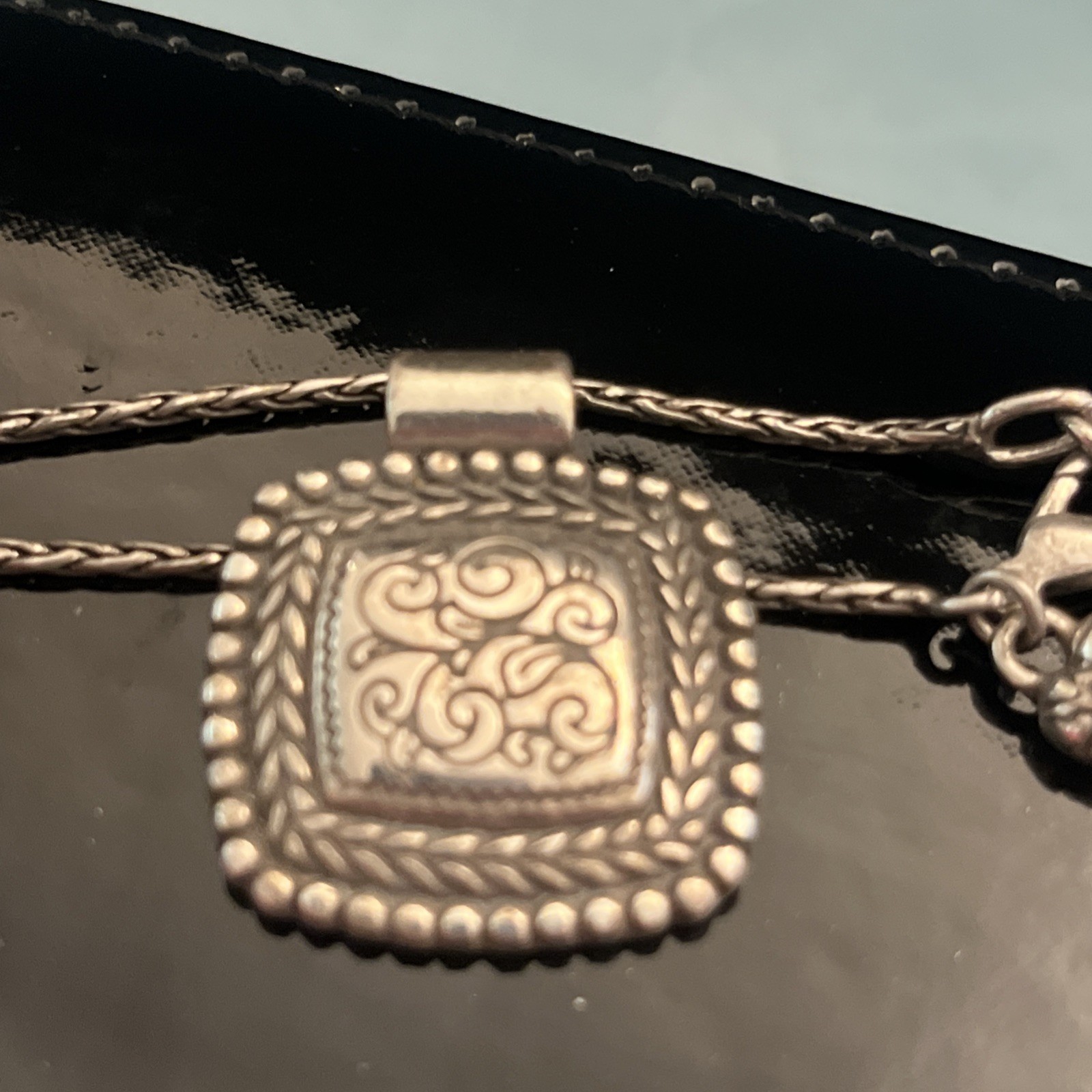 Vintage Brighton Silver Scroll Square Pendant on 36 Inch Wheat Chain Necklace