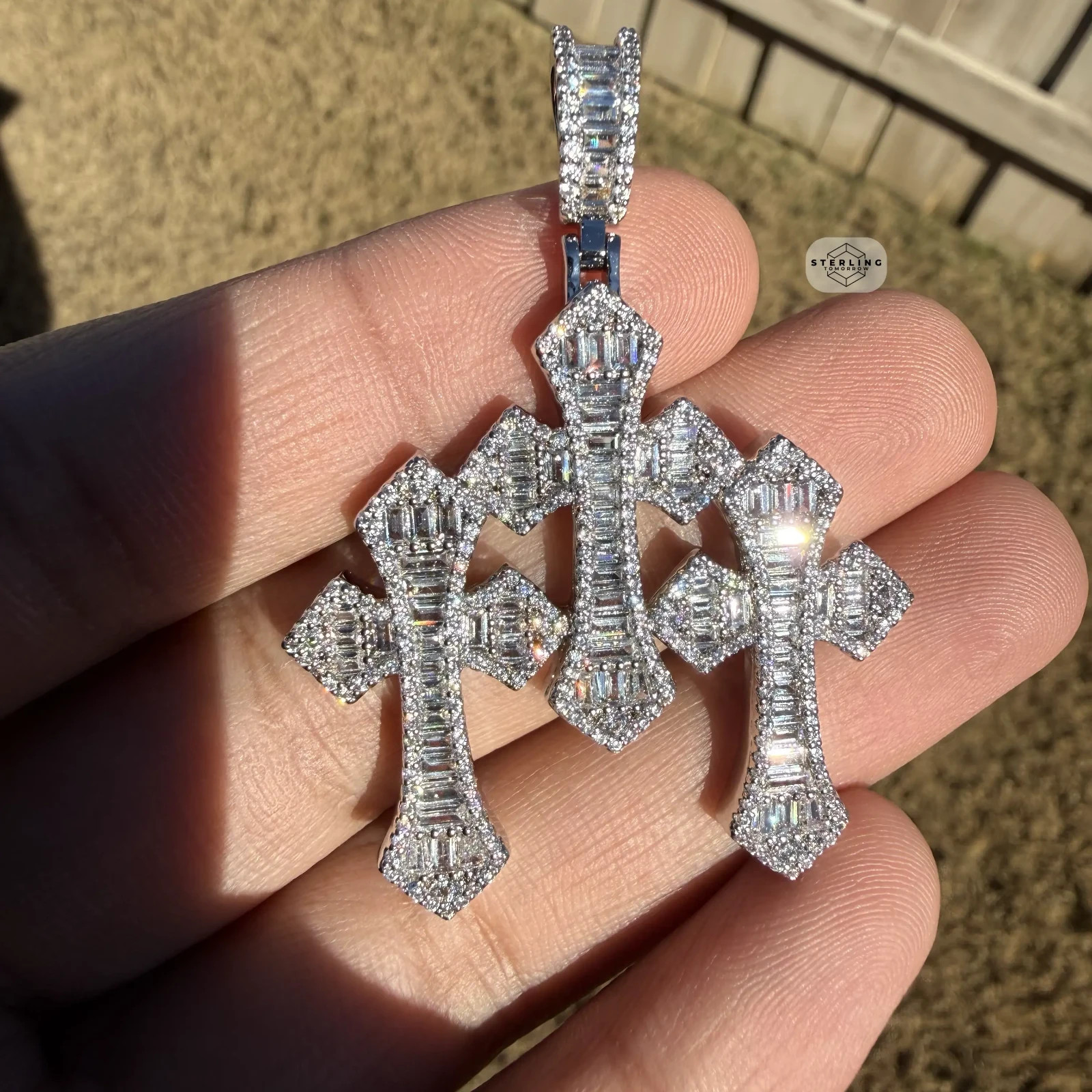 Triple Cross Baguette 14k White Gold Plated Iced Pendant + Steel Rope Chain