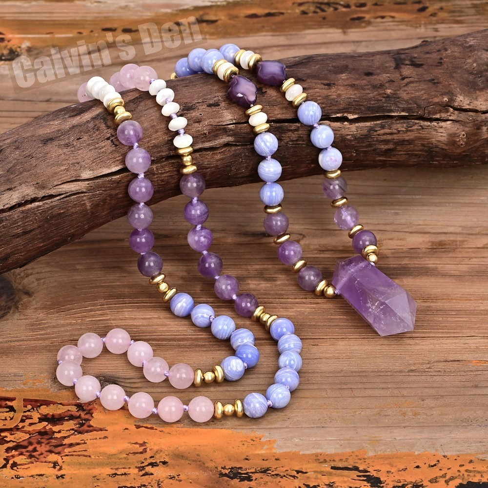 Amethyst Blue Lace Agate Rose Quartz Shell Bead Necklace + Crystal Point Pendant