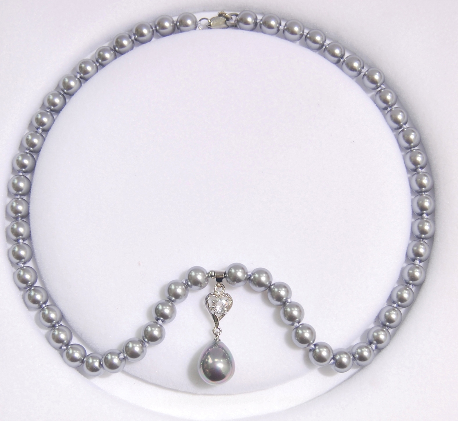 Long 16″-24″ 8mm Gray Shell Pearl Round Beads Drop Pendant(12x16MM) Necklace AAA