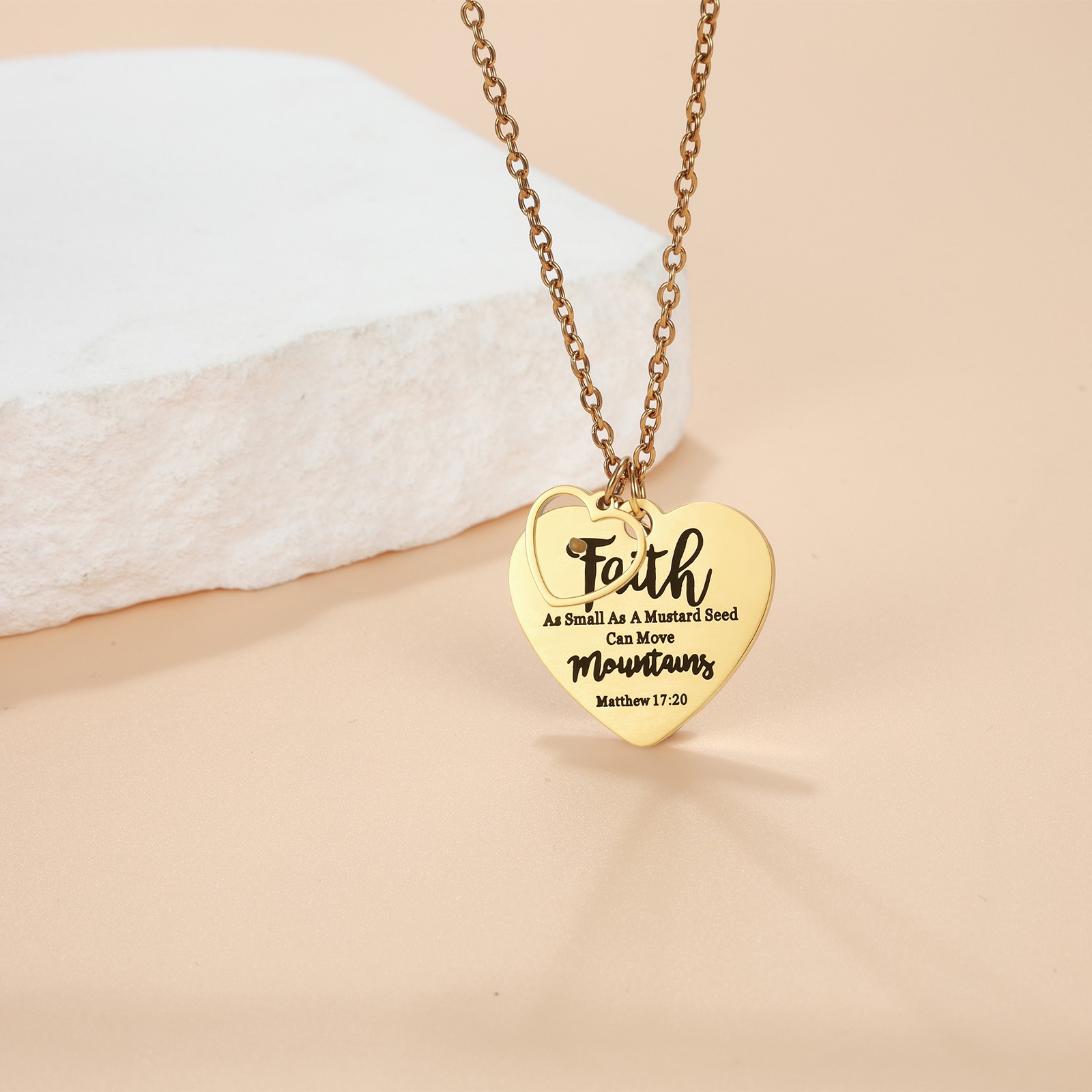 Mustard Seed Faith Heart Pendant Matthew 17:20 Bible Prayer Steel Chain Necklace