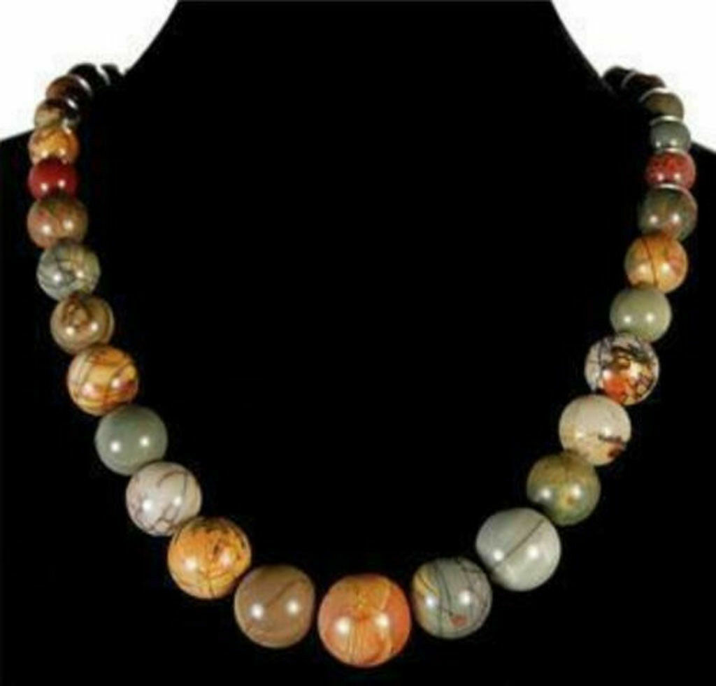 Natural 6-14mm Multicolor Picasso Jasper Round Gemstone Beads Necklace 18”