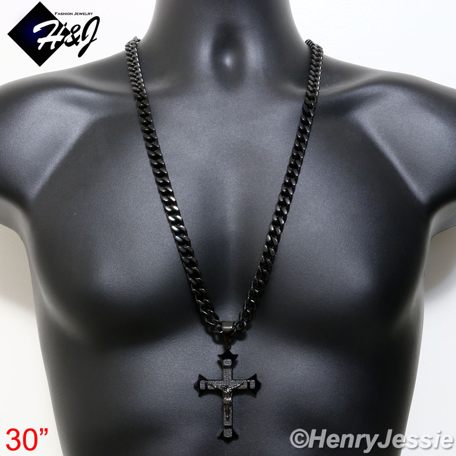 18-40″MEN Stainless Steel 9mm Black Plated Cuban Chain Necklace Cross Pendant*28