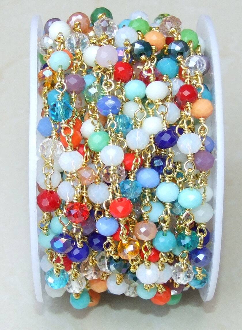 Multicolored Glass Rosary Chain, Bulk Chain, Rondelle Glass Beads, Beaded Chain