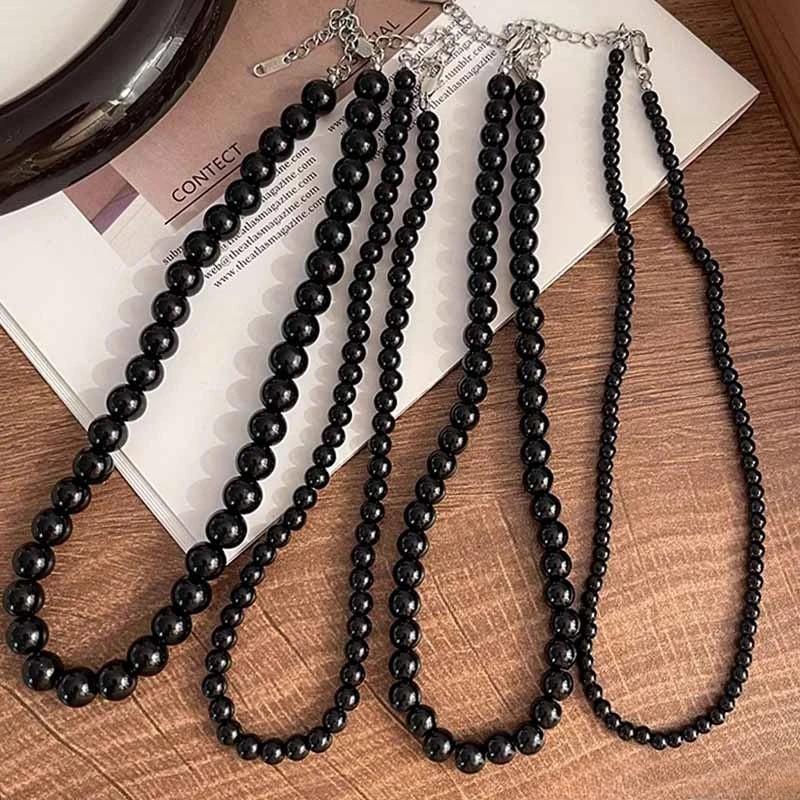Fashion Punk Smooth Black Round Beads String Necklace for Women Men Unisex