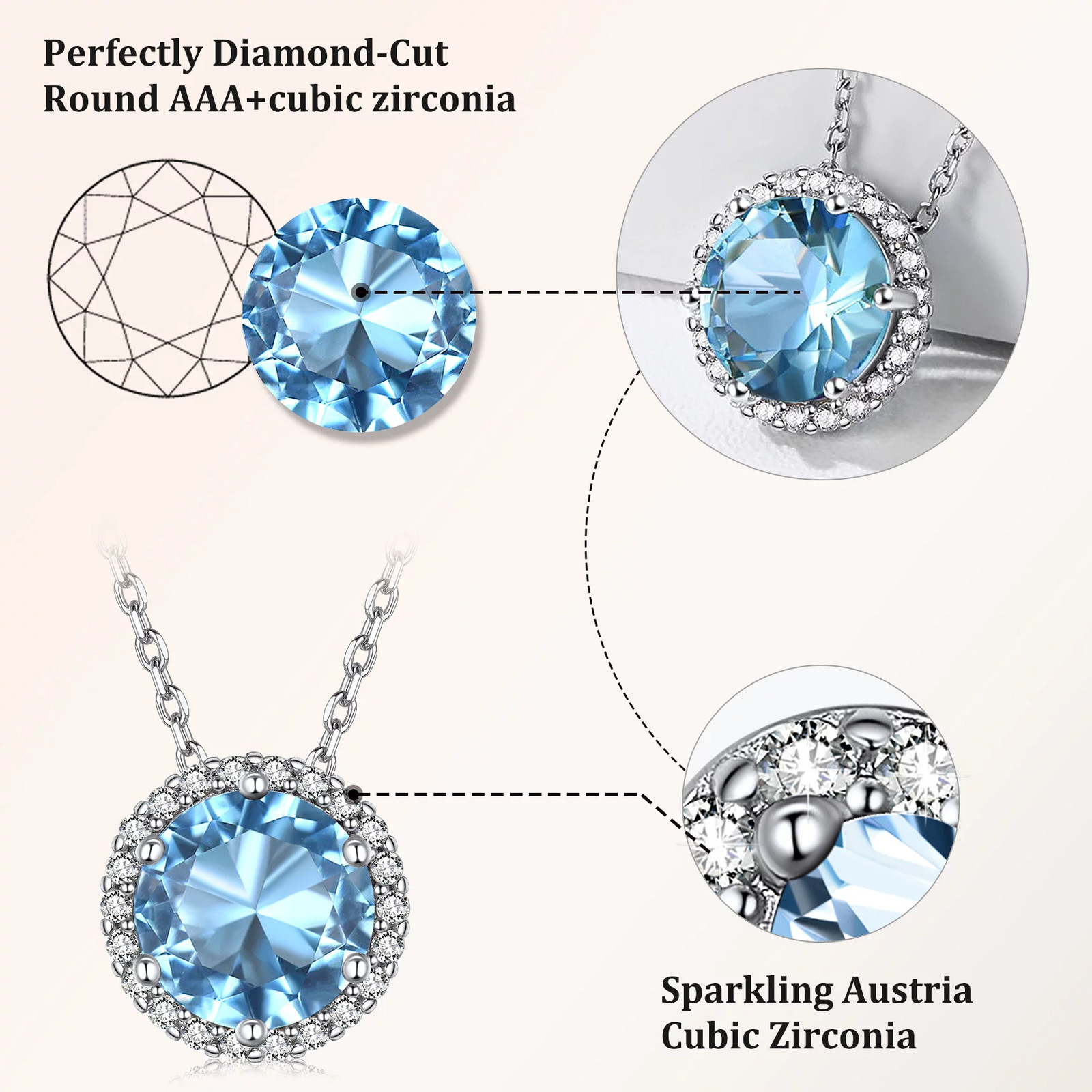 Birthstone Necklace for Women Pure 925 Sterling Silver Necklaces March round Blu
