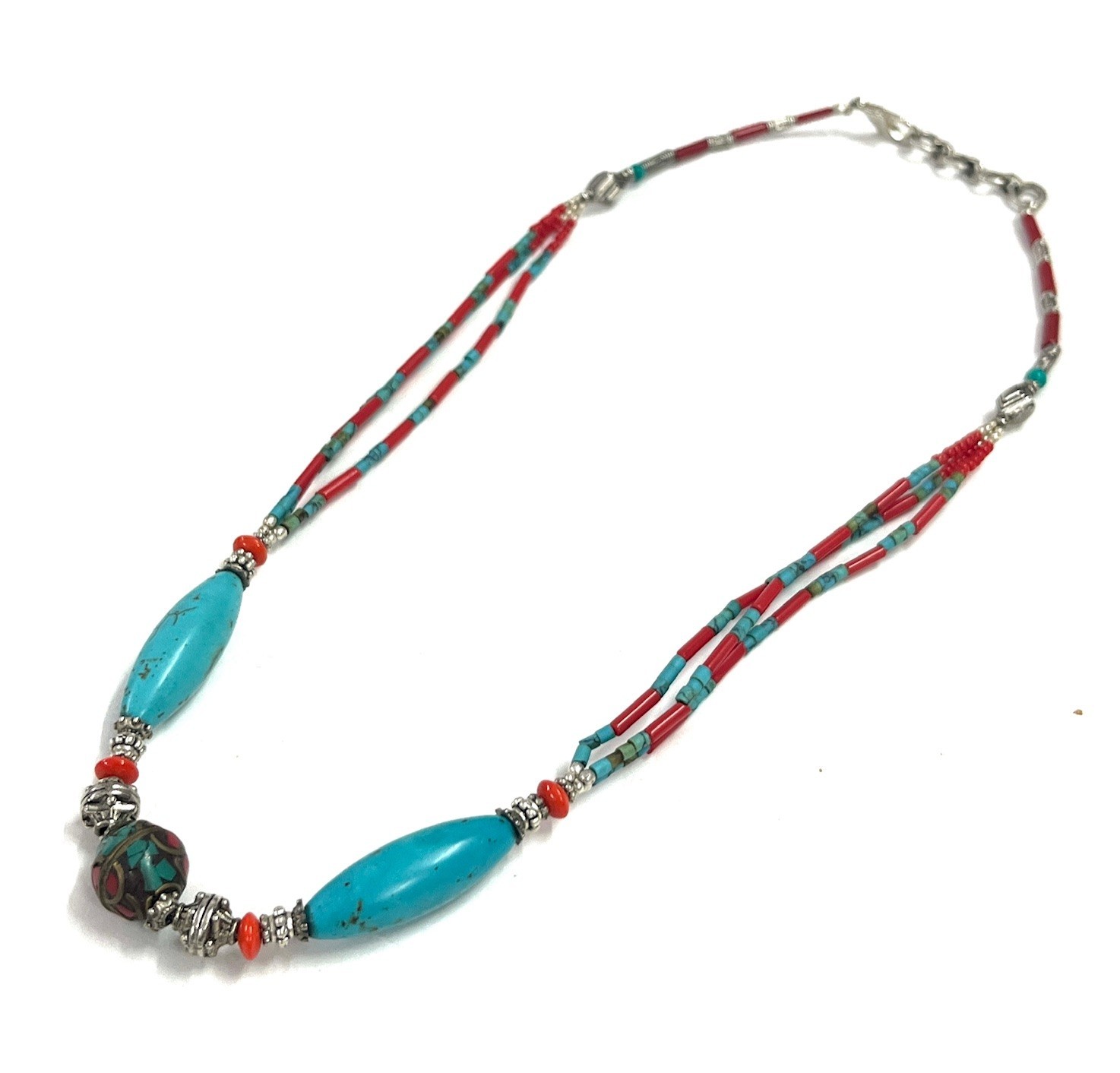 Turquoise Coral Gemstone Tibetan Statement Necklace Jewelry, 18 inch Adjus