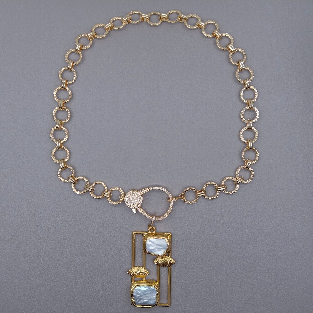Cultured White Pearl Rectangle Pendant Gold Plated Chain Necklace Jewelry