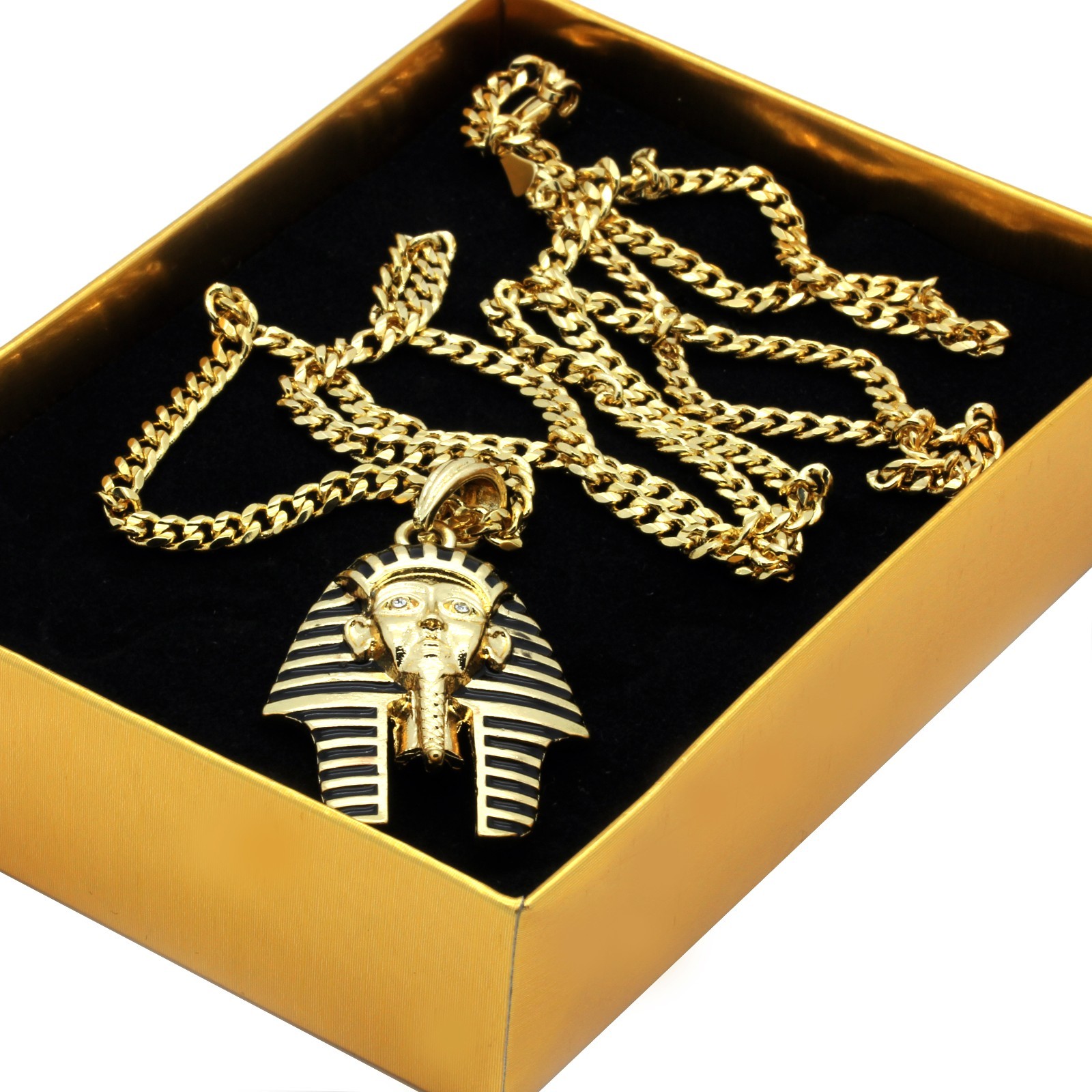 Men’s 14k Gold Plated Black Stripe Micro Pharaoh Pendant Hip Hop 30″ Cuban Chain