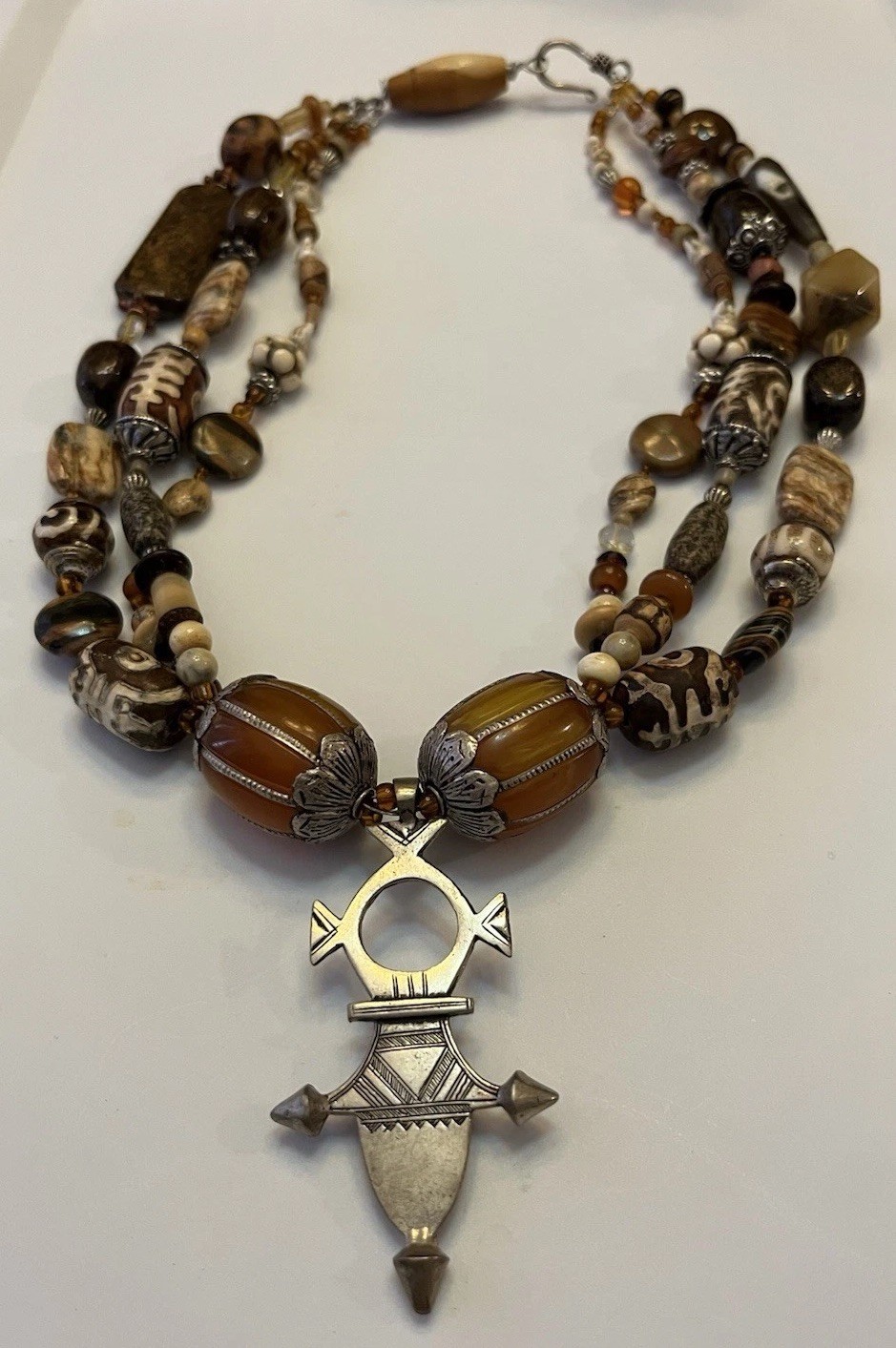 Global Trade Bead Necklace Amber Gemstone DZI Shell Glass Tuareg Cross Pendant
