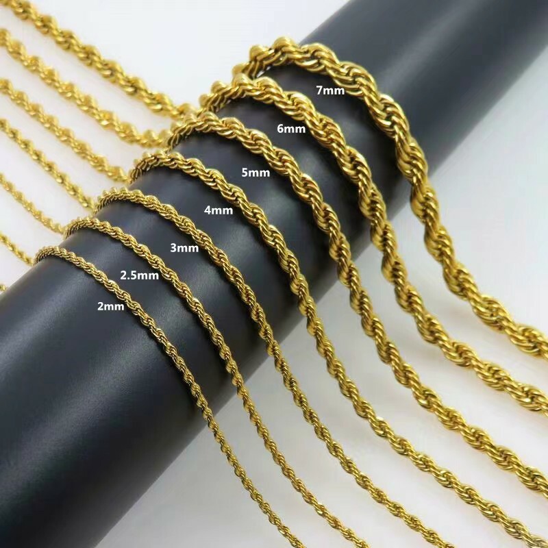 2-7mm Wholesale 18K Gold Plated Stainless Steel Women Men Rope Chain 18-32”