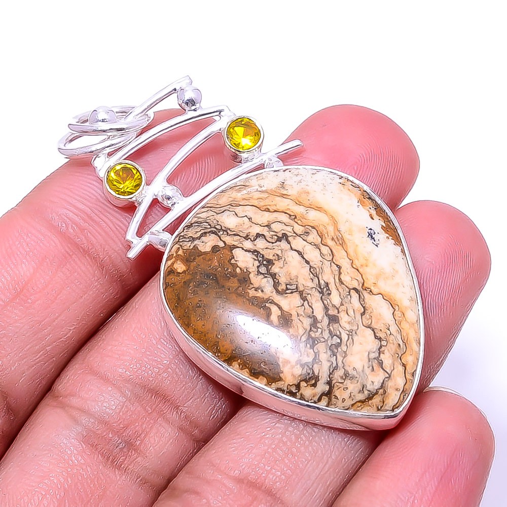 Picture Jasper – Oregon & Citrine Designer 925 Sterling Silver Pendant 2.11″ P32