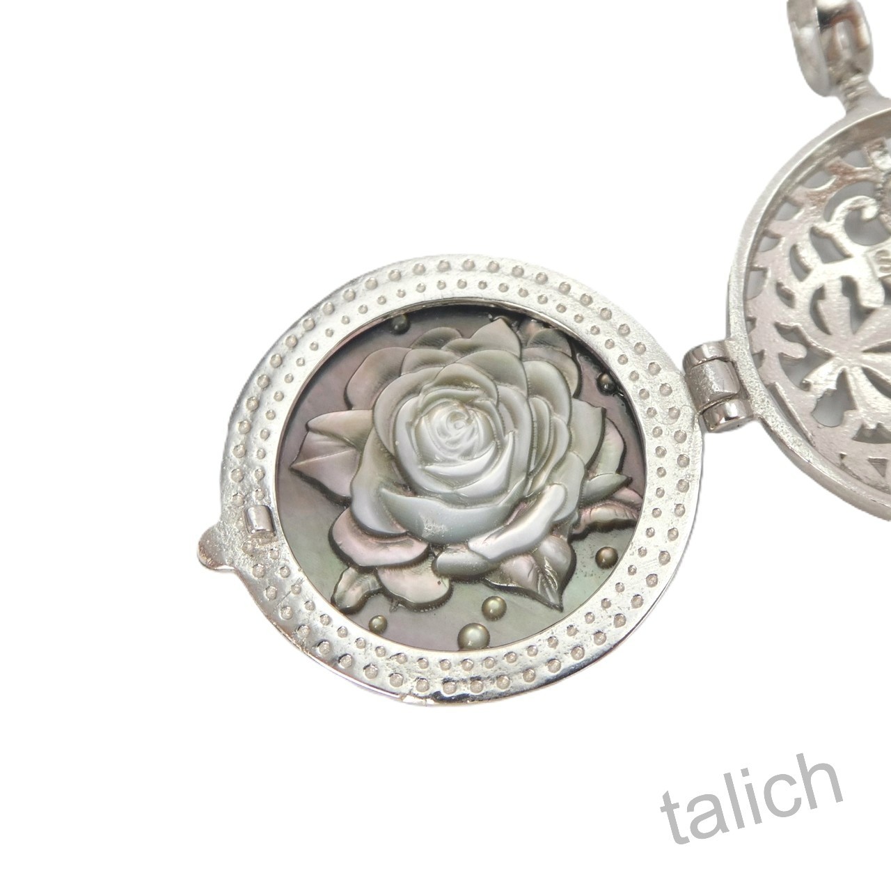 925 Sterling Silver Black Mother of Pearl Bee & Rose Cameo Locket Pendant Unique