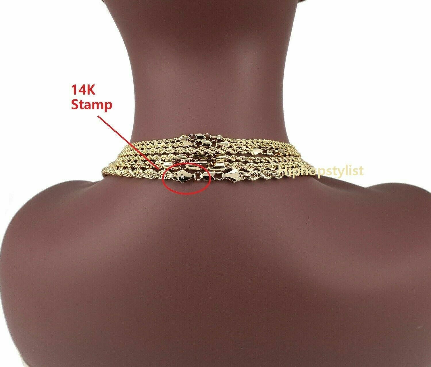 Mens Rope Chain Necklace 2.5mm to 7mm 18″ 20″ 22″ 24″ 26″ 30″ 14k Gold Plated