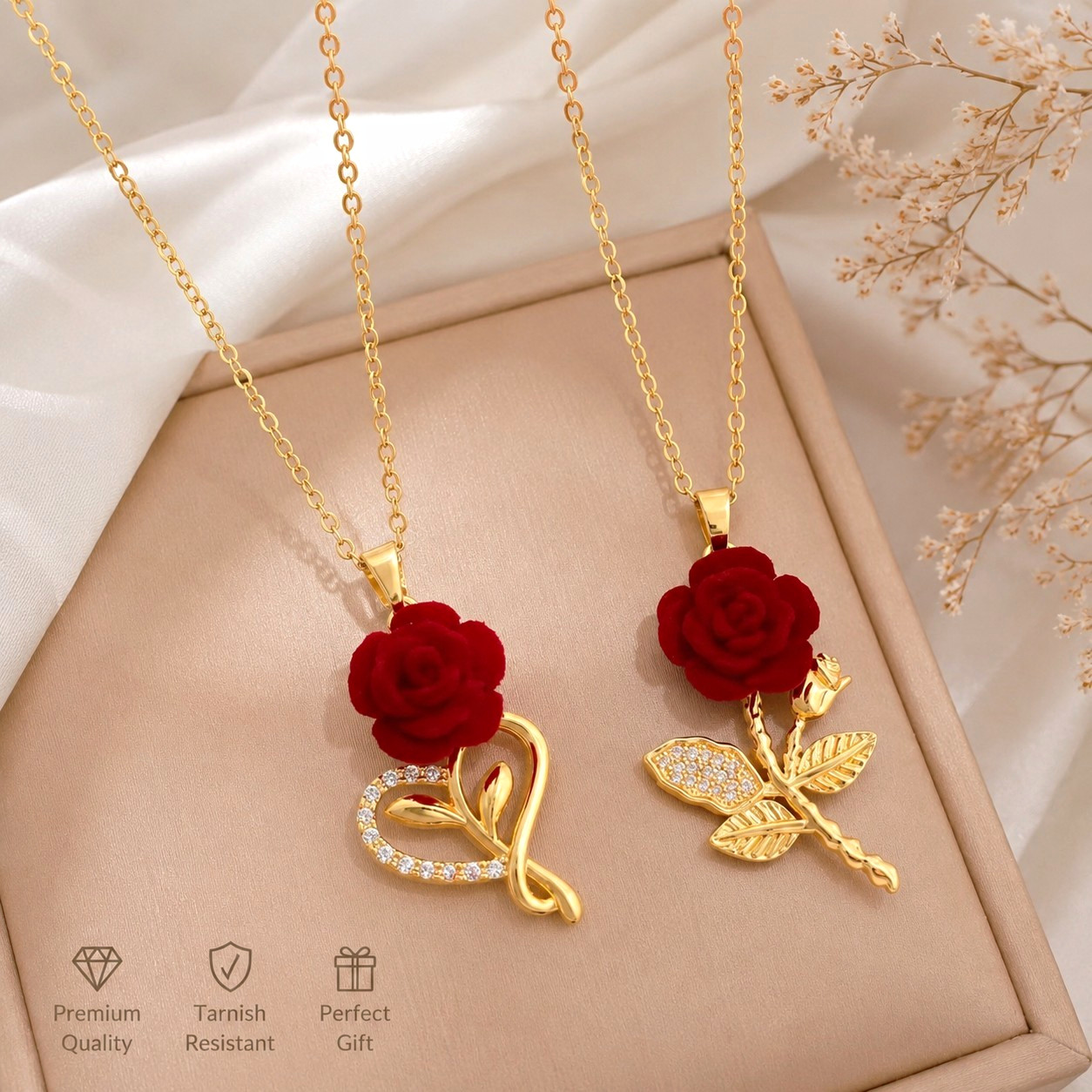 2 Yellow Gold Plated Heart Red Rose Pendant CZ Necklace 40+5cm Adjustable