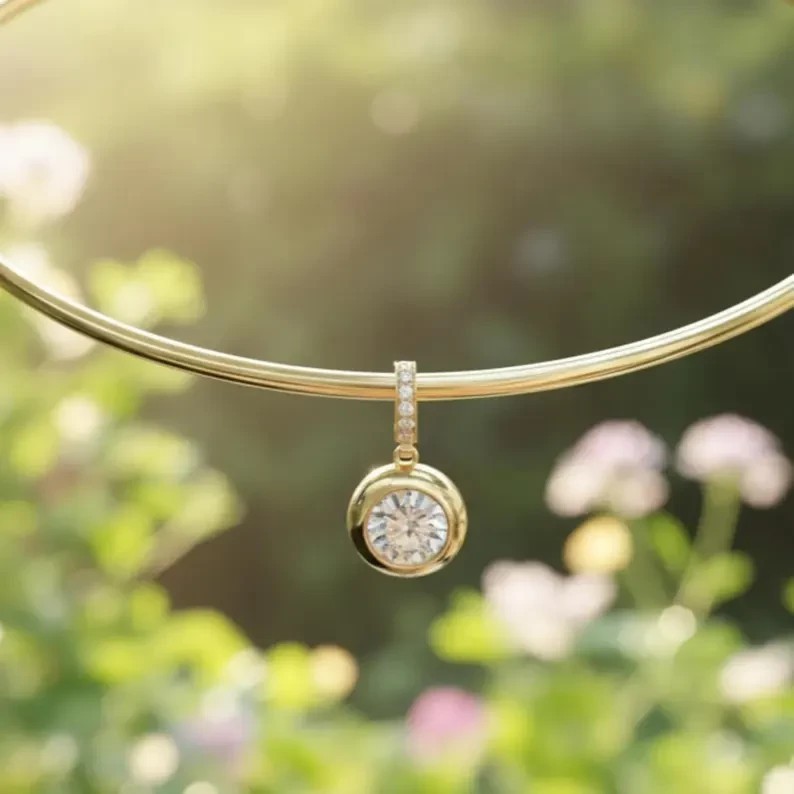 Bezel Set Solitaire Pendant 14K Yellow Gold Plated 2Ct Round Simulated Diamond