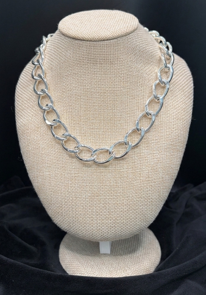 F+H Studios Chunky Curb Chain Choker Necklace 17.5″ Sterling Silver Plated
