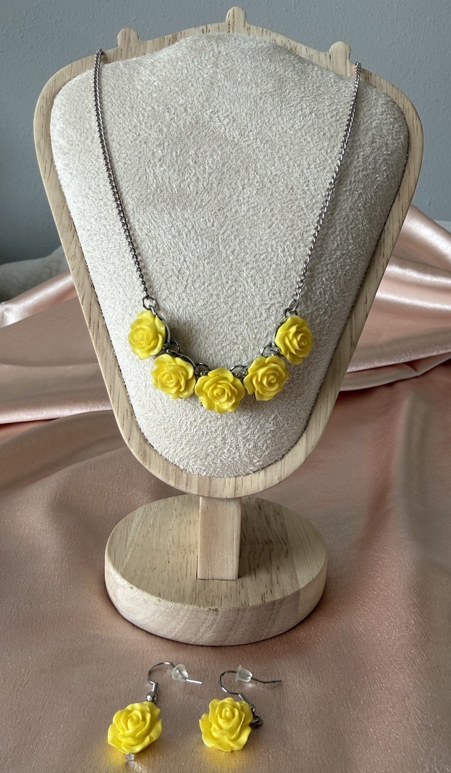 Sunflower Rose Charm Necklace & Earrings Set Yellow Flower Silver Tone Jewelry