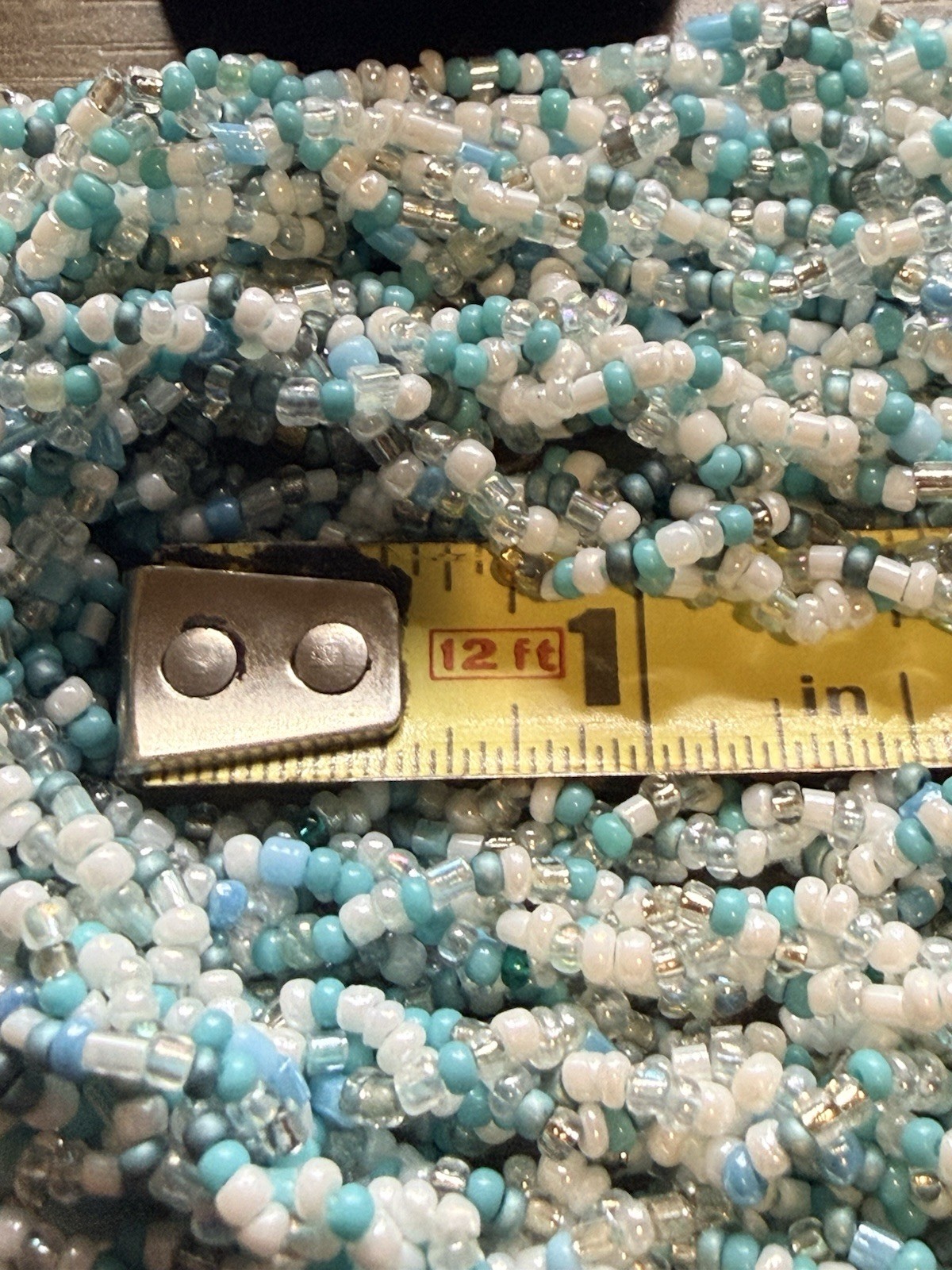 Seed Bead Necklace Blue White Made in Nepal Multi Strand Button Closure 20”