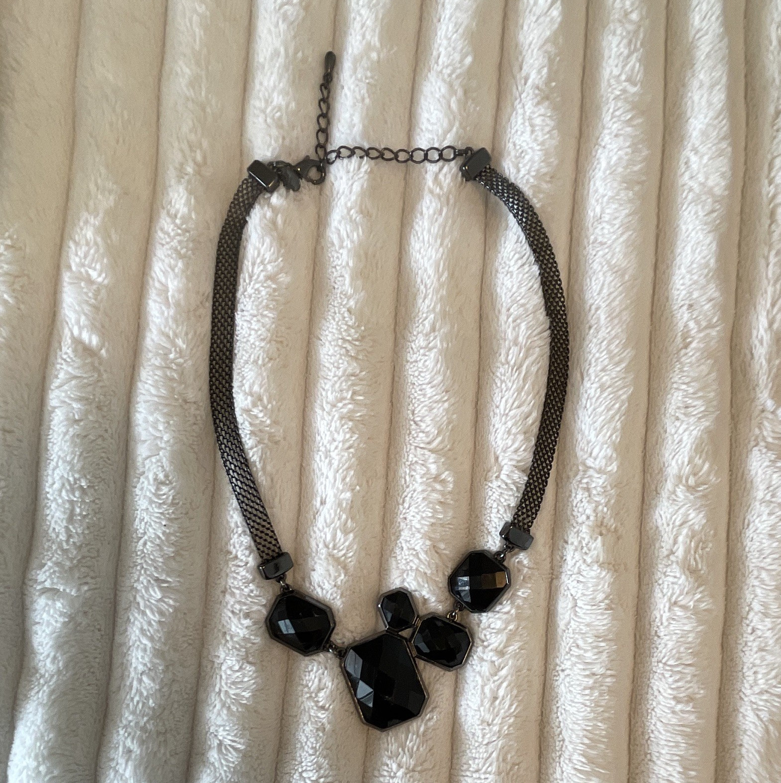 Black Hexagon Faceted Crystal Statement Necklace Mesh Chain Adjustable Lobster