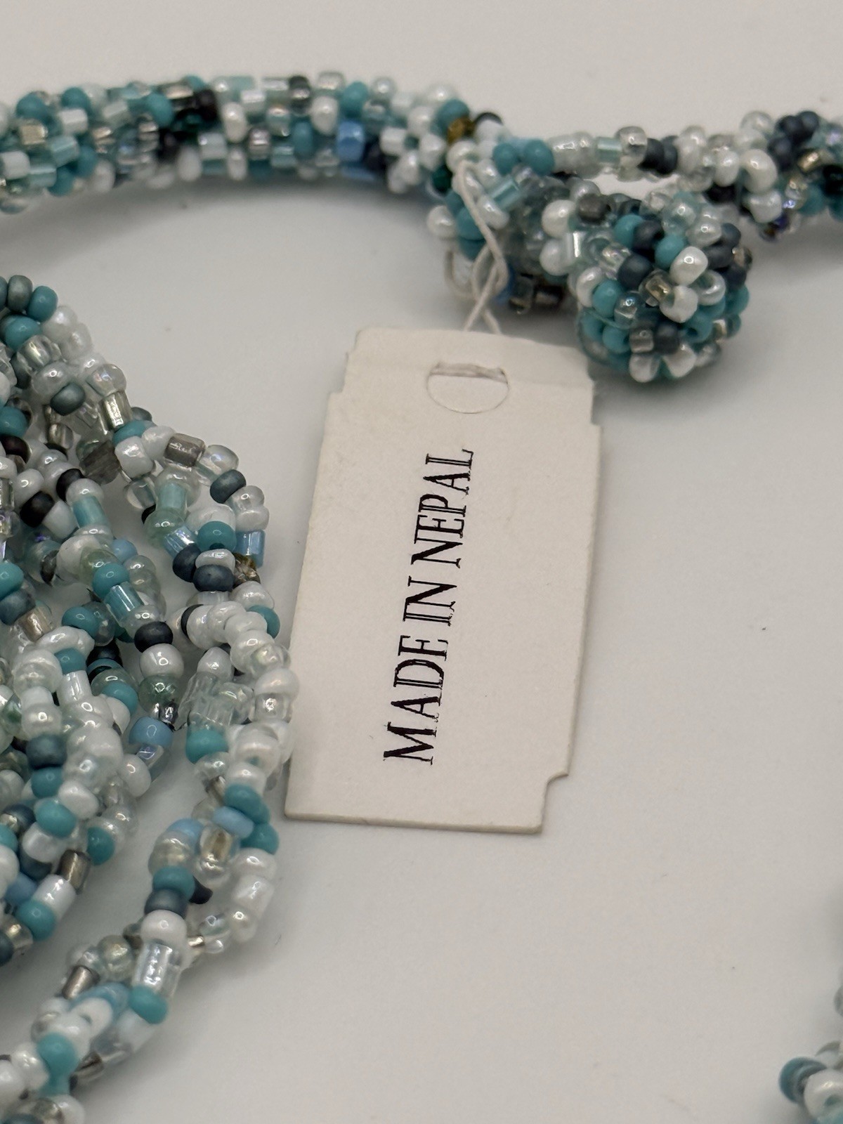 Seed Bead Necklace Blue White Made in Nepal Multi Strand Button Closure 20”
