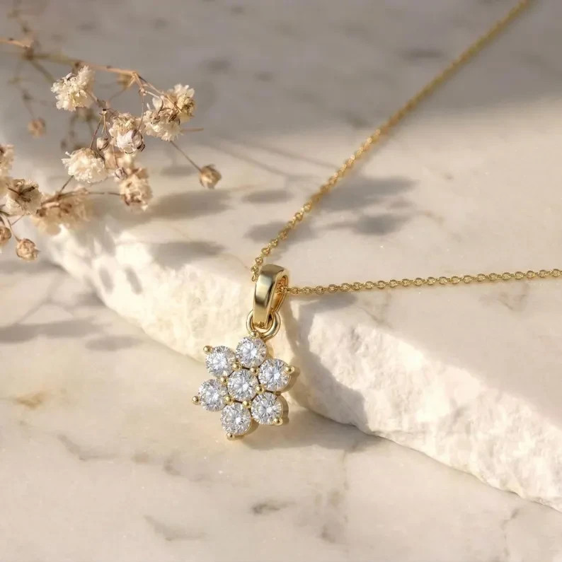 Flower Charm Pendant Necklace Round Simulated Diamond In 14k Yellow Gold Plated