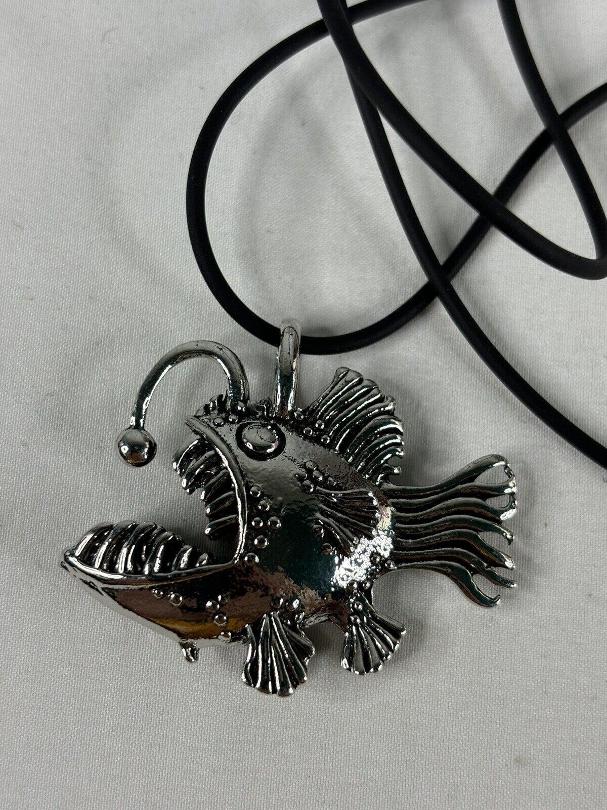 Angler Fish Tiki Necklace Silver Tone Metal Black Cord Surfer Beach Cute